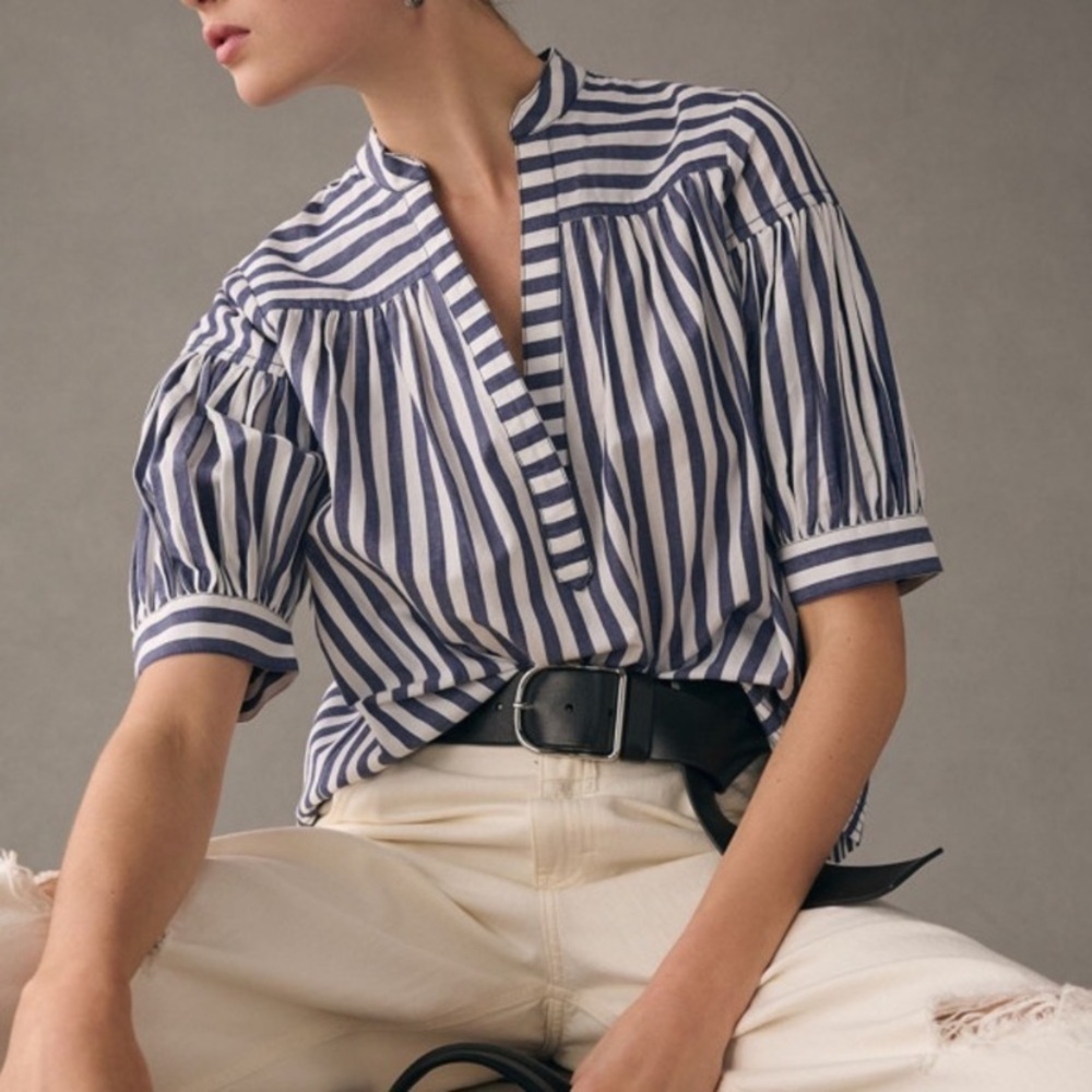 Anthropologie Darcey Popover Swing Top Blue and White Striped Blouse size M